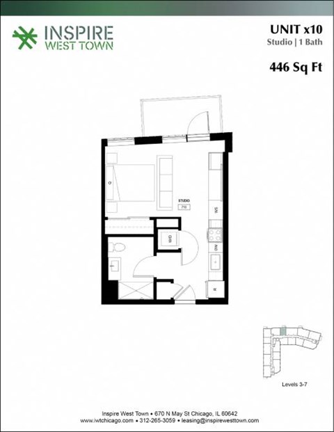 Floor plan for studio, 1 bath, 446 sqft
